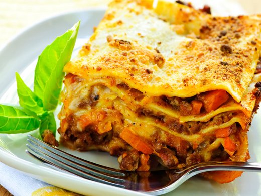 Lasagna with meat sauce, mushrooms and green asparagus
