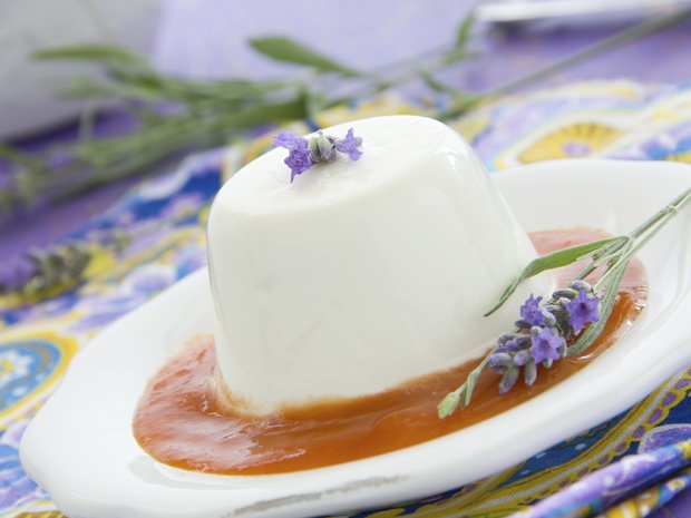 Lavender panna cotta with peach purée