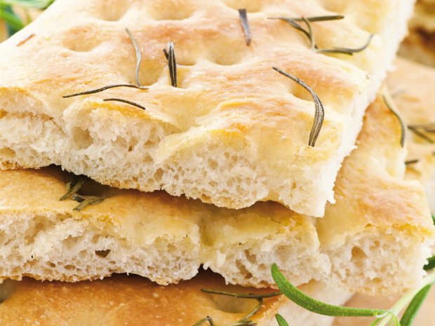 Olive focaccia with tomato-rosemary butter
